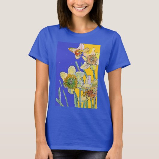 Daffodil Yellow Blue Flower Waterverf T-S T-shirt (Voorkant)