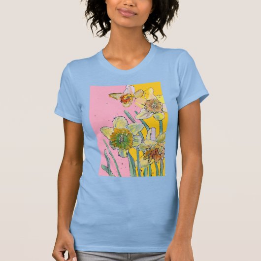 Daffodil Yellow Blue Flower Waterverf T-shirt (Voorkant)