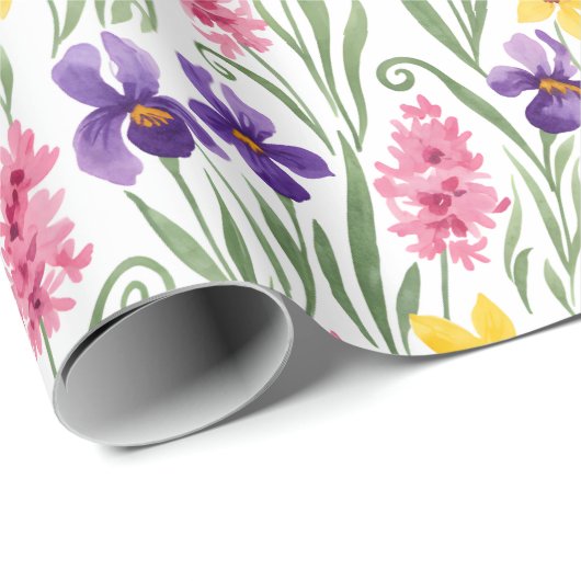 Daffodil Yellow, Iris Purple, Hyacinth Pink Floral Cadeaupapier (Rol Hoek)