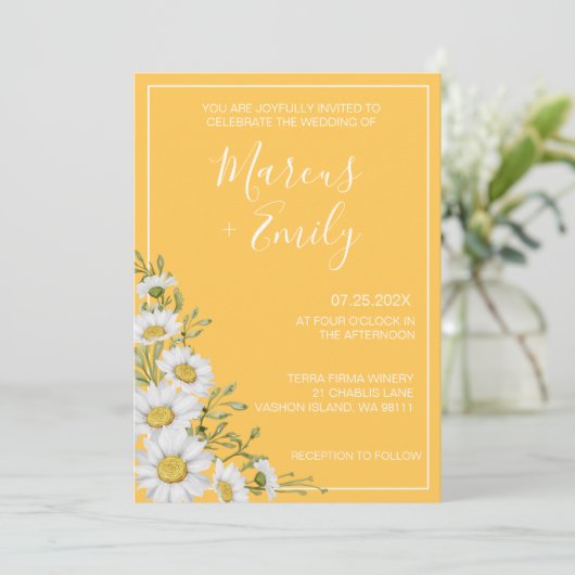 Daffodil Yellow & White Daisies Wedding Invitation Kaart (Staand voorkant)