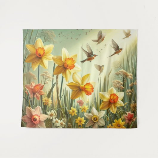 Daffodilen en vogels wandkleed (Voorkant (horizontaal))