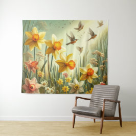 Daffodilen en vogels wandkleed