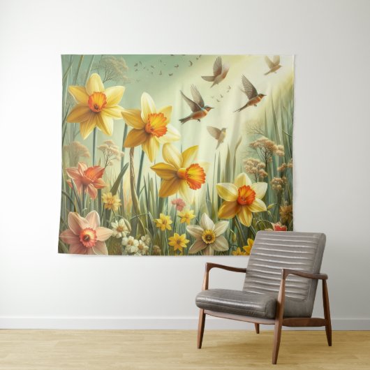 Daffodilen en vogels wandkleed (In Situ (horizontaal))