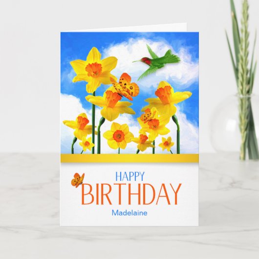 Daffodils and Hummingbird with Name Birthday Kaart (Voorkant)