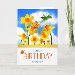 Daffodils and Hummingbird with Name Birthday Kaart