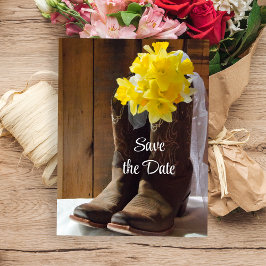 Daffodils Cowboy Boots Barn Wedding Save the Date Aankondigingskaart