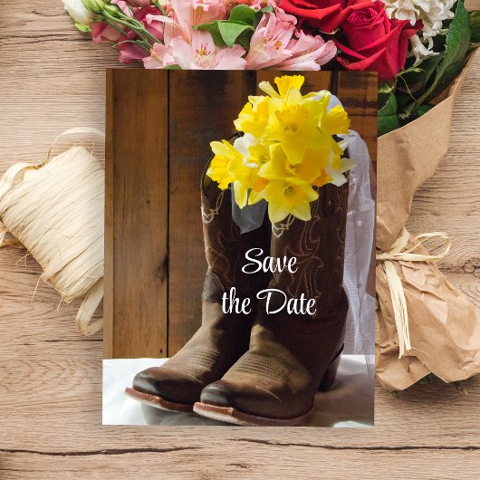Daffodils Cowboy Boots Barn Wedding Save the Date Aankondigingskaart