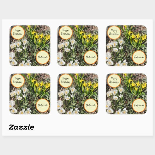 Daffodils & Crocus Birthday Vierkante Sticker (Vel)