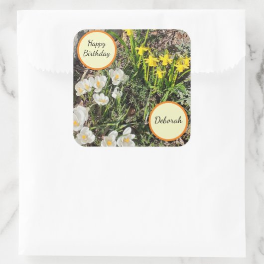 Daffodils & Crocus Birthday Vierkante Sticker (Tas)
