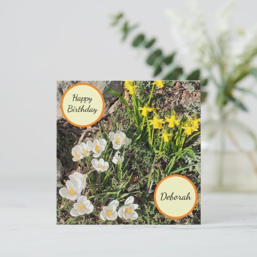 Daffodils & Crocus Flat Birthday Card Kaart (Staand voorkant)