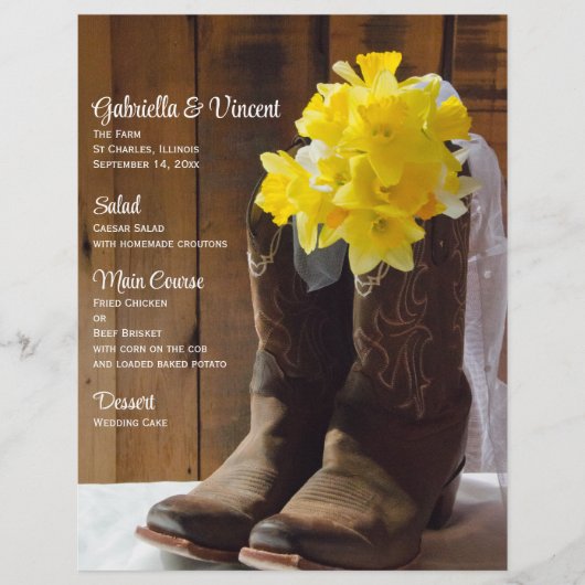 Daffodils en Cowboy Boots Country Wedding Menu (Voorkant)
