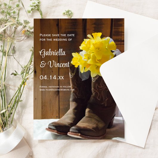 Daffodils en Cowboy Boots Wedding Save the Date Kaart