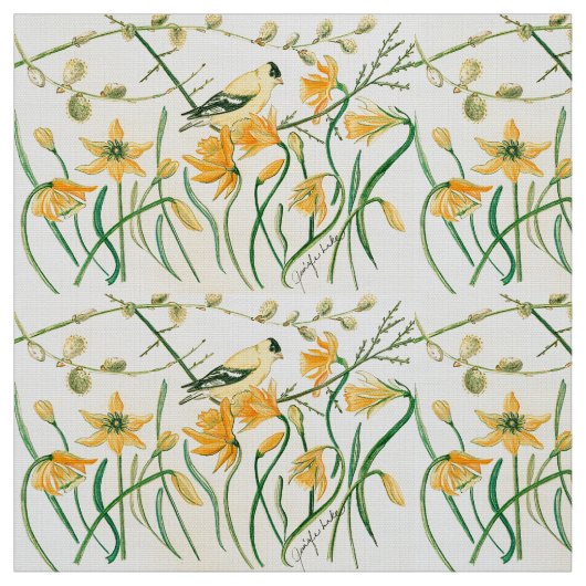 Daffodils en Goldfinches Fabric Stof (Swatch)