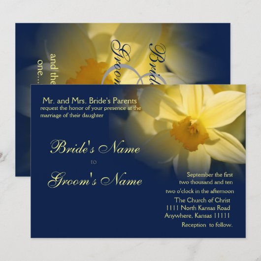 Daffodils Floral Wedding Navy Kaart (Voorkant / Achterkant)