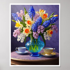 Daffodils Hyacinten Blauw Glas Vaas Teacups Poster