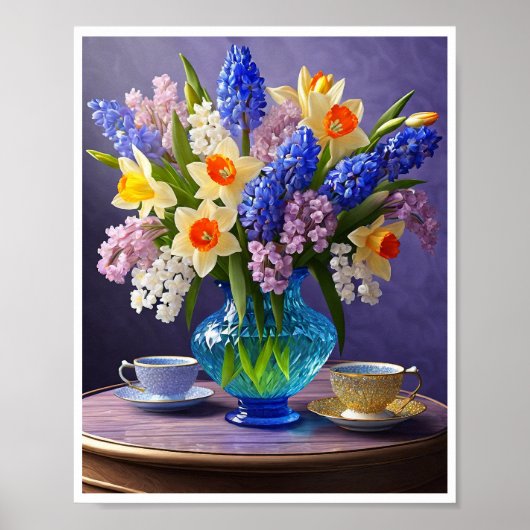 Daffodils Hyacinten Blauw Glas Vaas Teacups Poster (Voorkant)