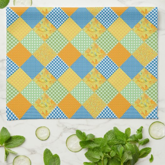 Daffodils Keukenhanddoek, Country Faux-Patchwork Theedoek (Gevouwen)