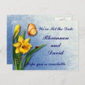 Daffodils op Decorated Blue Save the Date Aankondigingskaart (Voorkant / Achterkant)