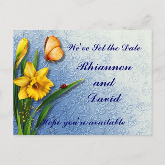 Daffodils op Decorated Blue Save the Date Aankondigingskaart (Voorkant)