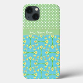 Daffodils op turkoois, witte polka's op zacht groe iPhone 13 hoesje