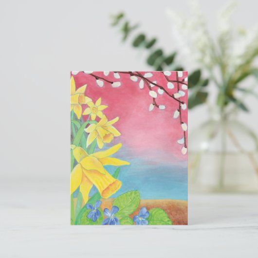 Daffodils, Salix caprea en Sweet violet Briefkaart (Staand voorkant)