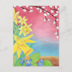 Daffodils, Salix caprea en Sweet violet Feestdagenkaart