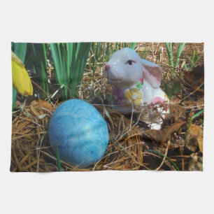 Daffodis en blauw paasei theedoek