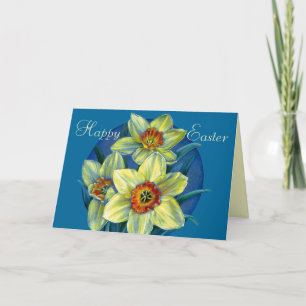 Daffodis "Happy Easter"-gele en blauwe kaart