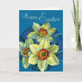 Daffodis "Happy Easter"-gele en blauwe kaart