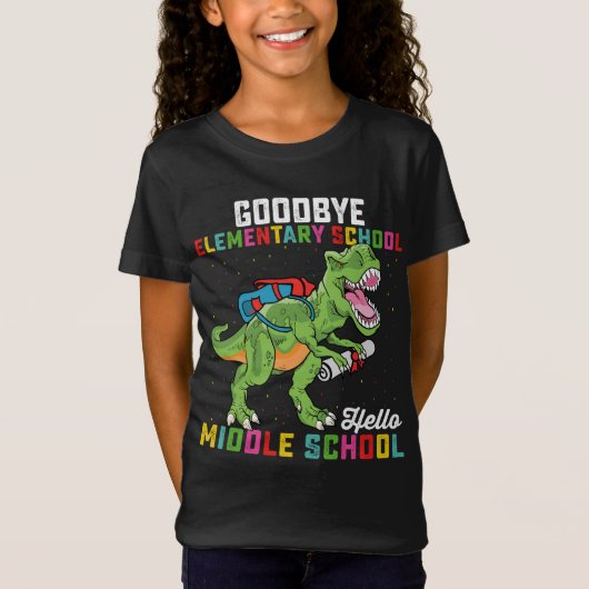 Dag basisschool, hallo middelbare school T Rex T-shirt (Voorkant)
