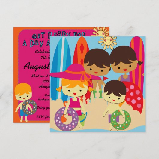 Dag bij het strand Zwemmen Verjaardag Uitnodiginge Kaart (Voorkant / Achterkant)