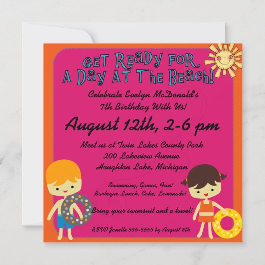 Dag bij het strand Zwemmen Verjaardag Uitnodiginge Kaart (Achterkant)