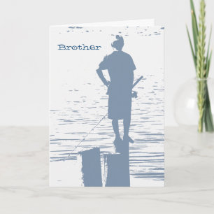 Dag, broeder, jongen vissen vanaf de trap. kaart