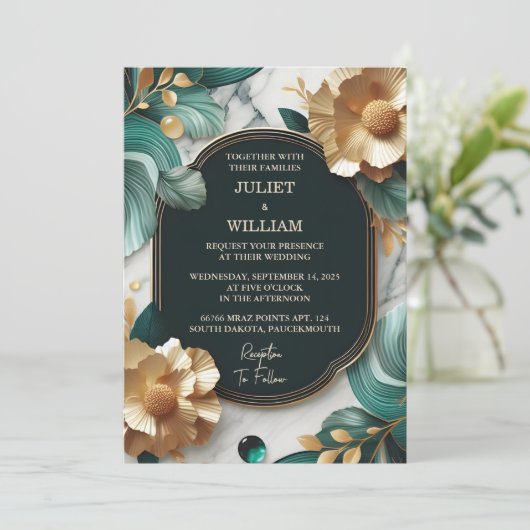 Dag Marmer Monstera Smaragd Groen en Gouden Bruilo Kaart (Staand voorkant)