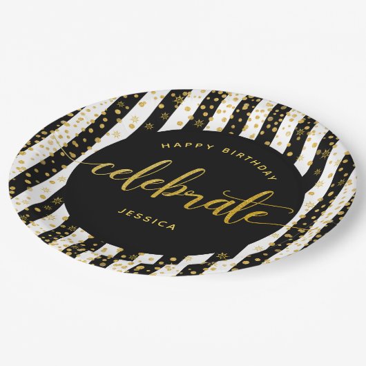 Dag moderne goudhoudende stippen zwart wit papieren bordje (Gekanteld)