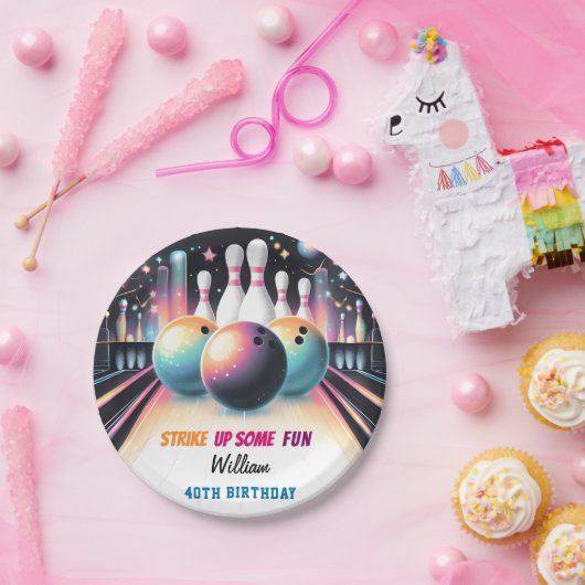 Dag Neon Boy Kinder Team Event Bowling 21e verjaar Papieren Bordje (Feest)