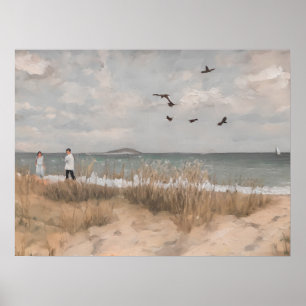 Dag op het strand -  kunst - olieverschildering poster