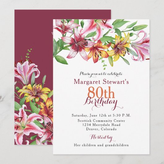 Dag tijger Lily Flower 80th Birthday Invite Kaart (Voorkant / Achterkant)