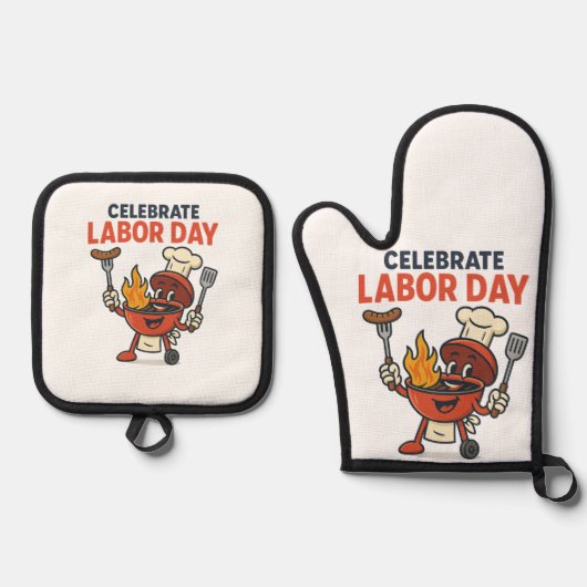 Dag van de Arbeid BBQ Party Cartoon – Grill Master Ovenwant & Pannenlap Set (Voorkant)