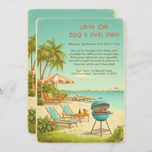 Dag van de Arbeid BBQ & Pool Party Uitnodiging (Voorkant / Achterkant)