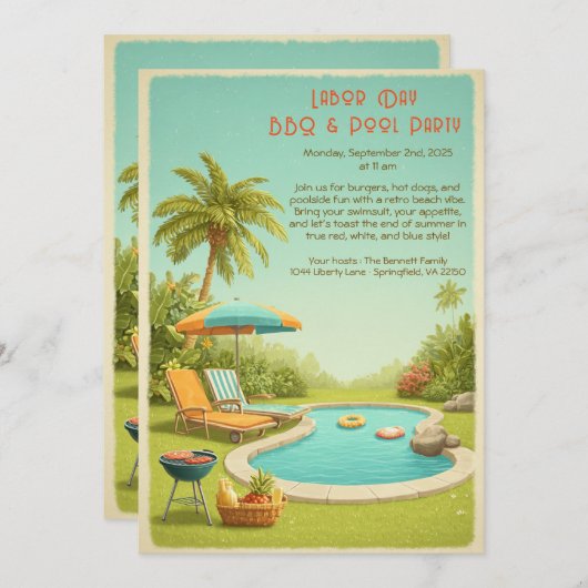 Dag van de Arbeid  BBQ & Pool Party Uitnodiging (Voorkant / Achterkant)