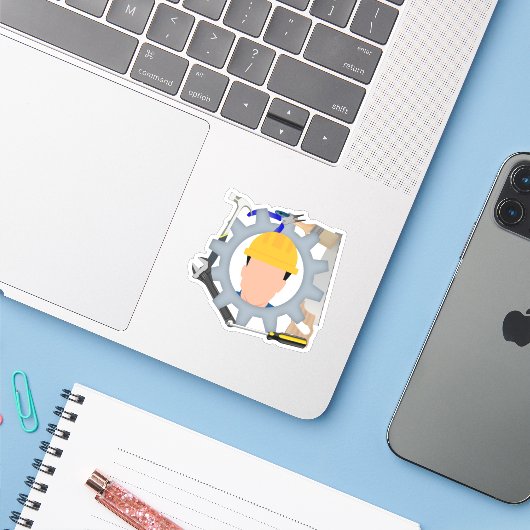 Dag van de Arbeid Bouwarbeider Sticker (Laptop met iPhone)
