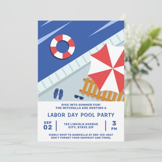 Dag van de Arbeid Pool Party Rood Wit & Blauw Kaart (Staand voorkant)