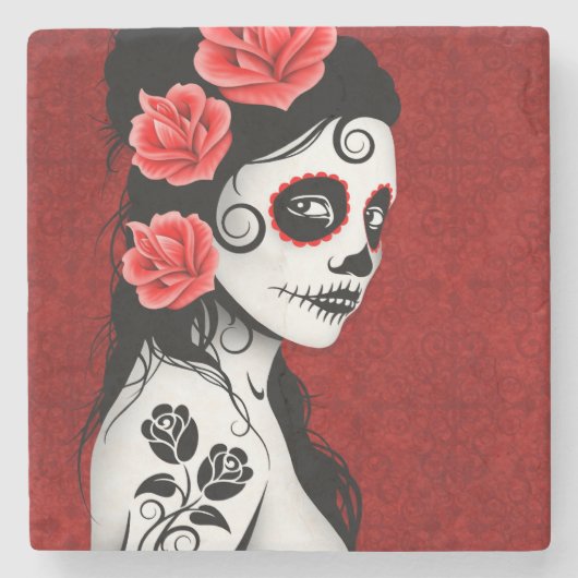 Dag van de Dead Sugar Skull Girl Deep Red Stenen Onderzetter (Voorkant)
