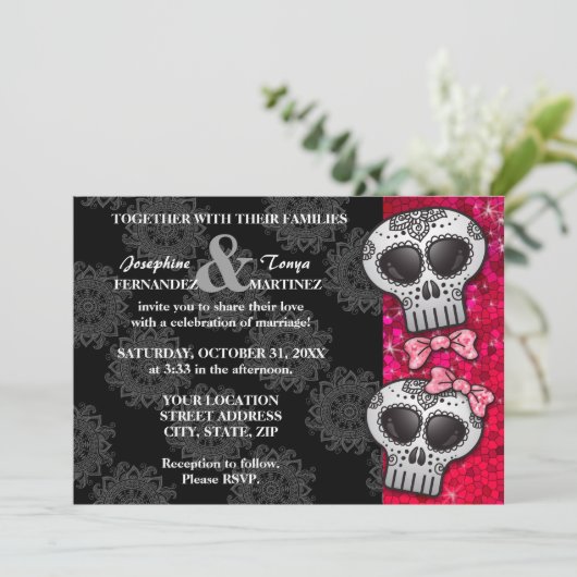 Dag van de Dead Sugar Skull LGBT Wedding Glitter Kaart (Staand voorkant)