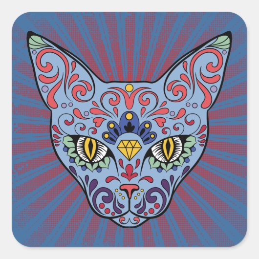 Dag van de Dode Blauwe Kat Suikerschedel Vierkante Sticker (Voorkant)