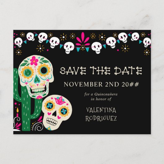 Dag van de Dode Bloemen Suikerschedels Save the Da Aankondigingskaart (Voorkant)