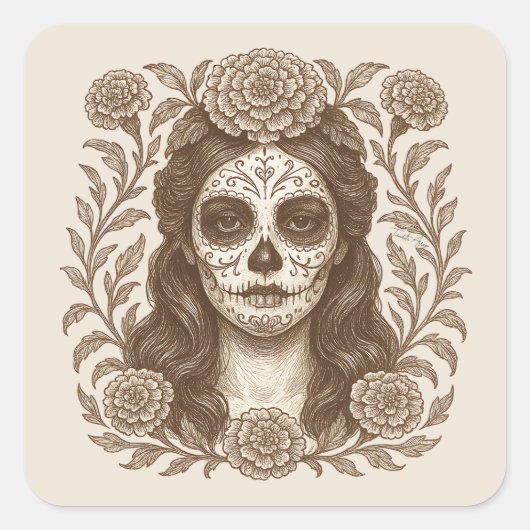 Dag van de Dode Catrina Azteekse Marigold Tekening Vierkante Sticker (Voorkant)