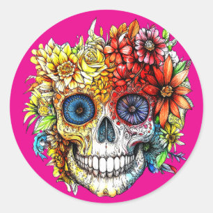 Dag van de Dode Catrina Calavera met bloemen Ronde Sticker