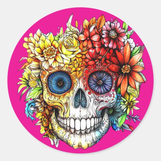 Dag van de Dode Catrina Calavera met bloemen Ronde Sticker (Voorkant)